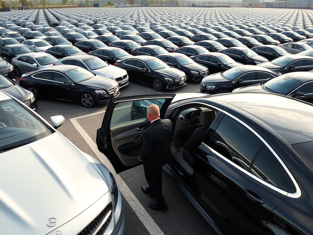 یک پارکینگ بزرگ که در ان ماشین های بسیار شیک و مدل بالا وجود دارد و مردی با کت و شلوار سیاه و شیک می خواهد به یکی از ماشین های خود مثل مرسدس بنز سوار شود 11