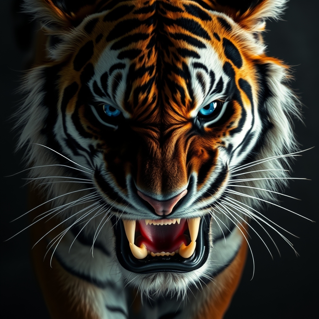 تصویر زمینه طوسی،یک ببر معمولی خشمگین درحال اومدن که دندون هاش ام دیده شود،چشماش به رنگ آبی باشد4