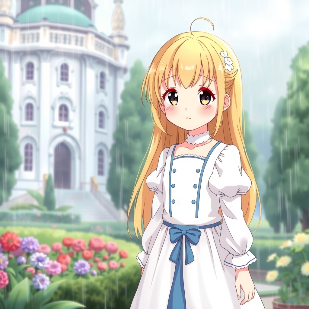 دختری نوجوان ۱۱ ساله ای با موهای طلایی و بالباس زیر پرنسس سفیدی آستین بلند پوشیده بود و لباس پرنسس آبی کمرنگ زیبایی هم به تن کرده بود دامنش یکم بلند بود و جوراب سفید زیبایی که وسطش پاپیون کوچک آبی روی آن بود .در باغقصر زیبایی افتاده بود و باران گلی در آنجا میبارید.1