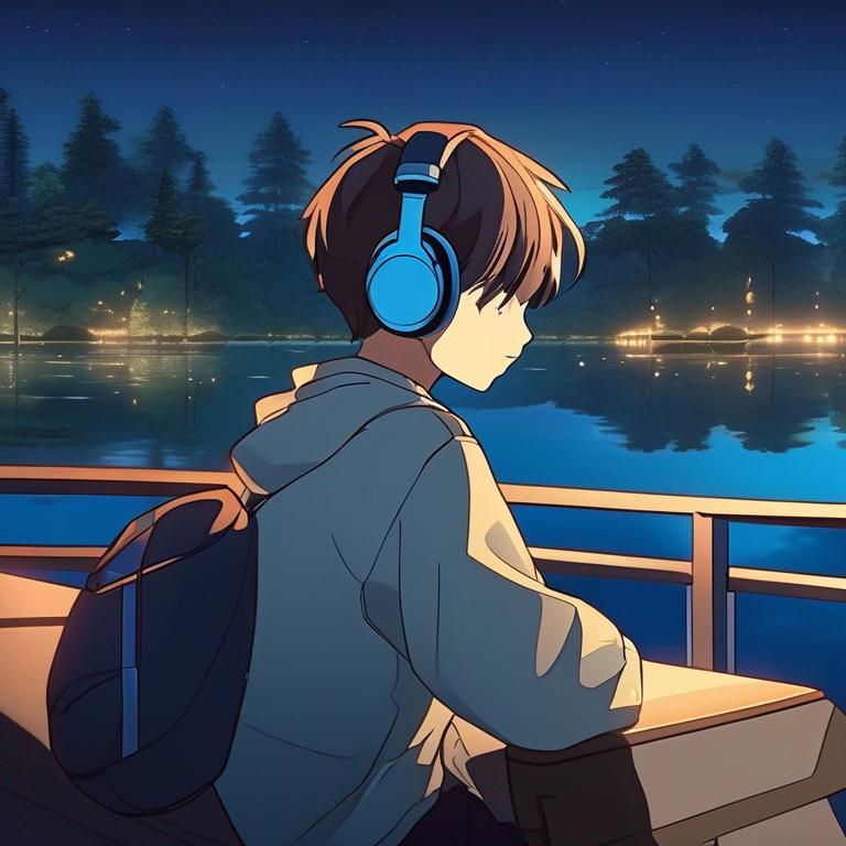 پسری که با هدفون در حال آهنگ گوش دادنه و رو به یک دریاچه نشسته زاویه دوربین نیمرخ است شب است و همه جا نیمه روشن است5