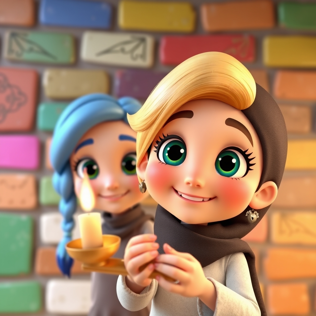 The image is a vibrant, animated illustration featuring two characters with large, expressive eyes. The character in the foreground has blonde hair and is holding a candelabrum, while the character in the background has blue hair styled in braids. They are set against a colorful, brick-like background with intricate designs.5