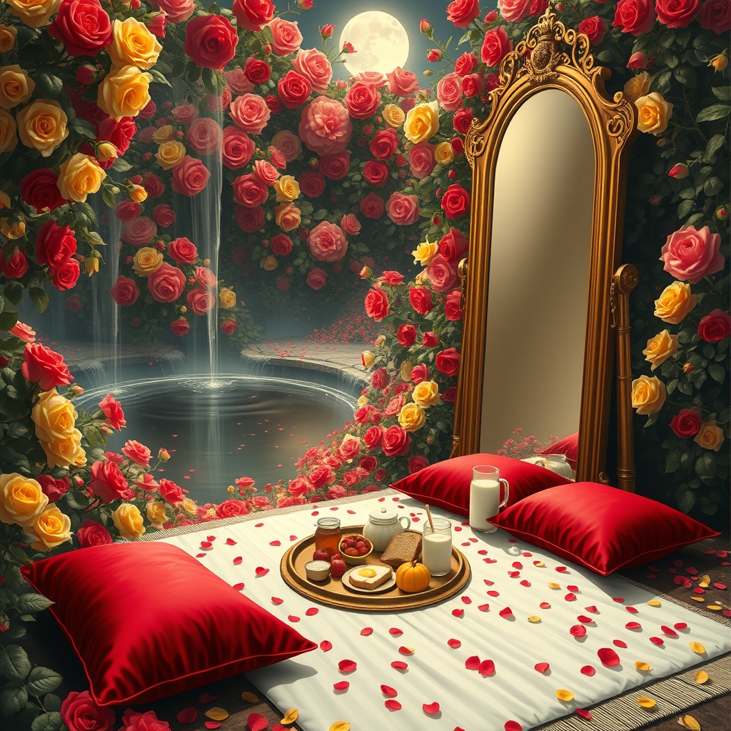 باغ بزرگ و افسانه ای پر گل سرخ لی لی یم زرد سفید و اطلسی و شب بو
دورادور آبشارها روان به داخل برکه می ریزند وسط برکه زیر تونل افراشته از گل سرخ تشک گرم و نرم سفید با کوسن های قرمز پر شده با گلبرگ های سرخ
و سینی گرد و طلایی پر نان کره خامه عسل میوه و شیر و شیر برنج 
یک آینه تمام قد بلند از طلا 2