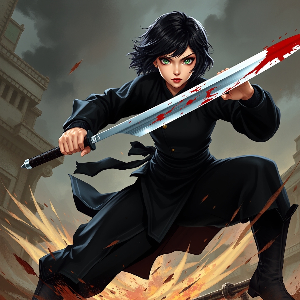 دختری که لباس رزمی سیاه رنگ به تن دارد و لباسش جذب است و مو های کوتاه و موج دار سیاه رنگ دارد چشمانی بزرگ و کشیده و مژه هایی بلند دارد و چشمانی سبز رنگ دارد و لب هایی بزرگ و سرخ دارد
انگشت های کشیده ای دارد که با آنها شمشیرش را که خونی است در دست گرفته و با طرف مقابل مبارزه میکند و در میدان نبرد ایستاده و نیم بوت های سیاهی به پا دارد 16
