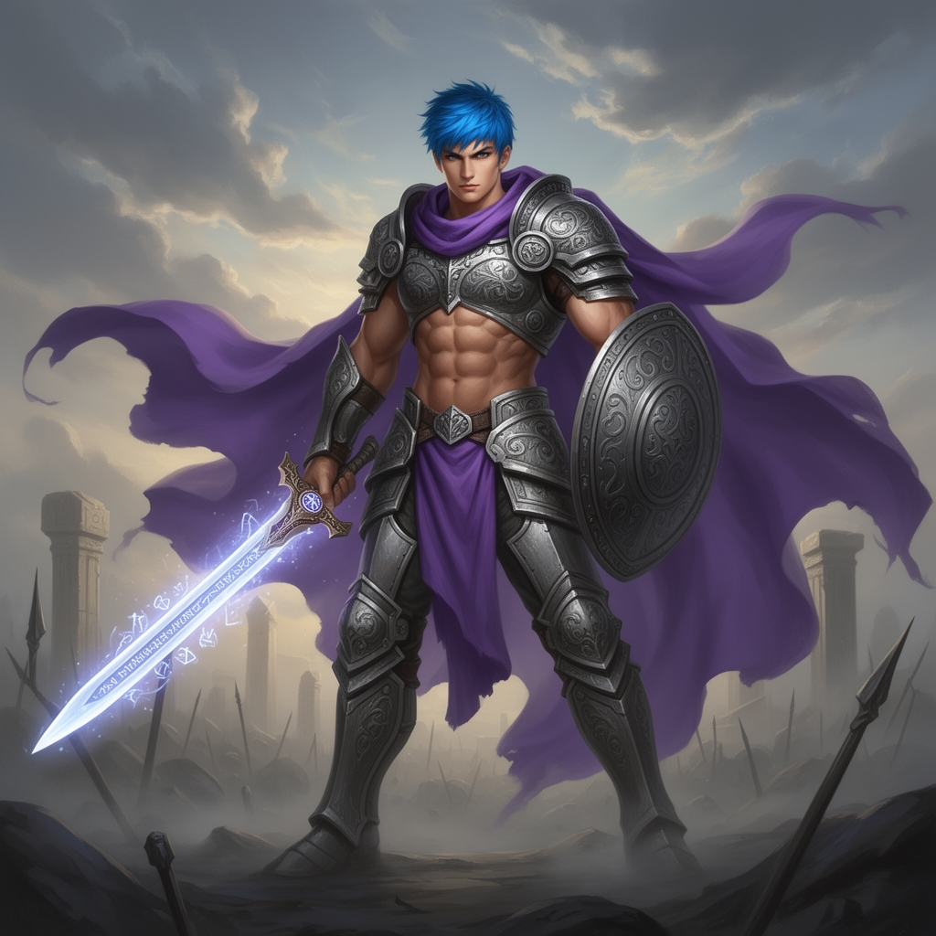 جوان (( مرد )) ورزشکار هیکلی تنومند و شکم شش تکه موهای ابی لباسهای جنگجوی با شنل بنفش 2