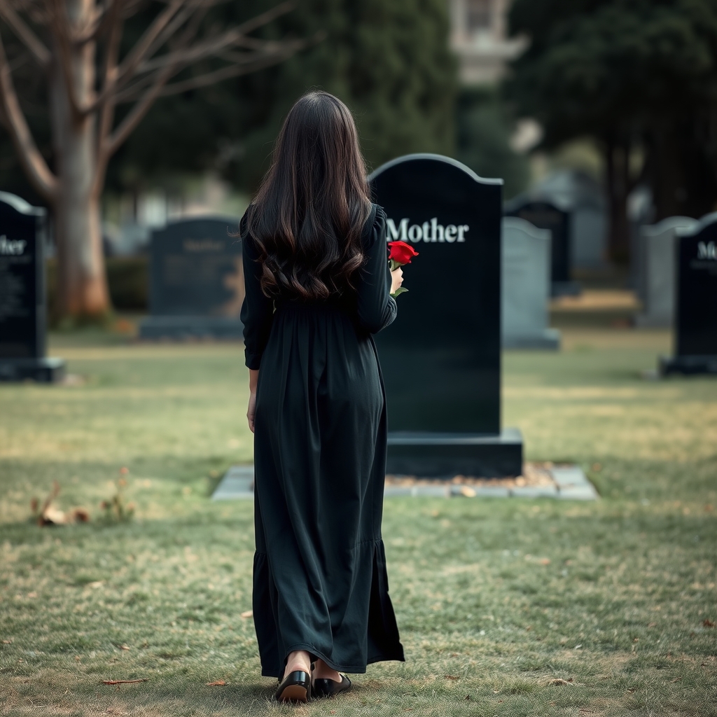 یک دختر جوان با پیراهن مشکی بلند و موهای مشکی باز که پشت به دوربین است در دستش یک  شاخه گل رز زیبا دارد و  یک کفش پاشنه تخت مشکی پوشیده و دارد بسوی قبرستان میرود و جلویش یک قبر مشکی  است که روی سنگ قبر نوشته است مادر 12