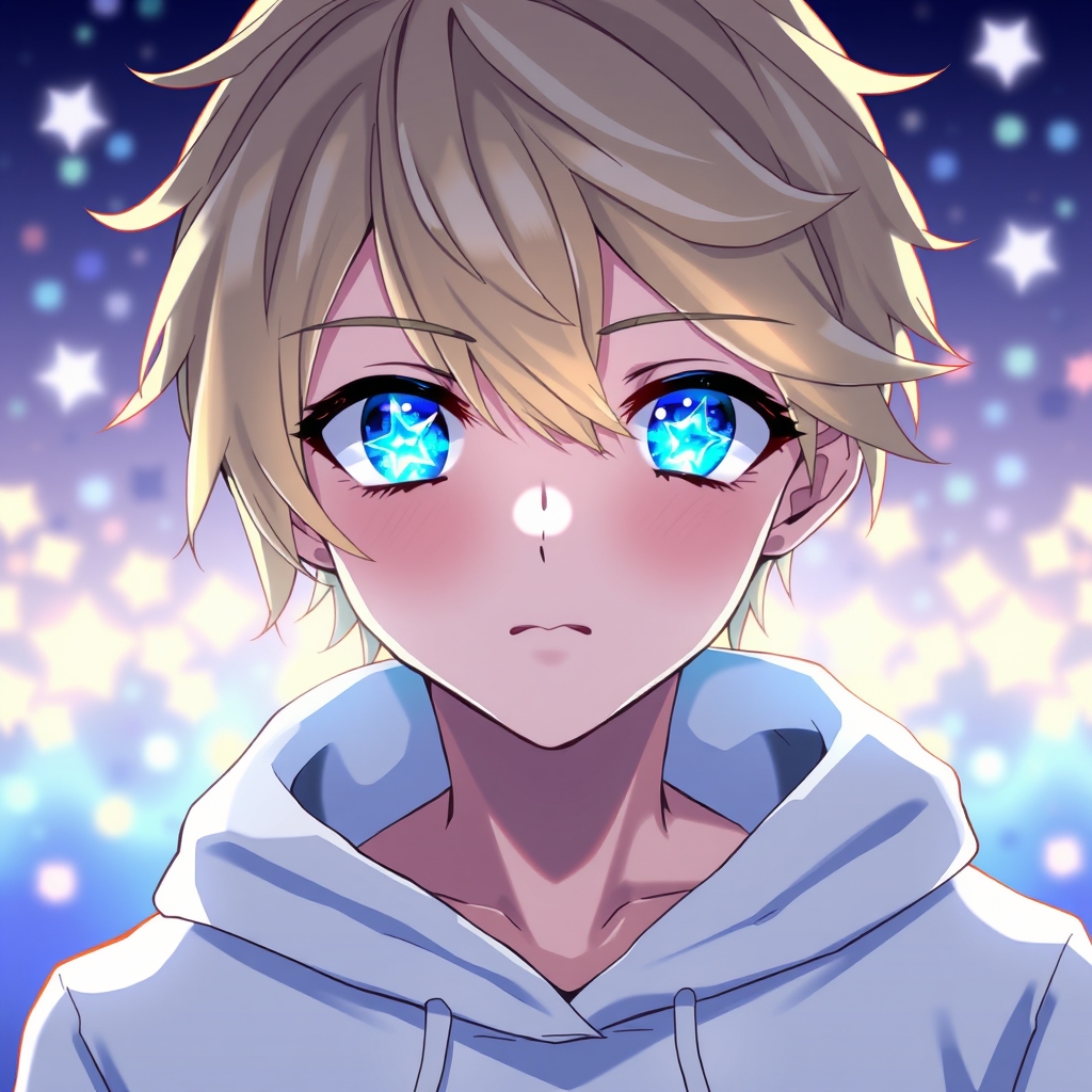 یه پسر ۲۰ ساله با موهای زرد که ریخته روی چشمش و با چشمای ابی که یه ستاره توشه و یه هودی سفید 8
