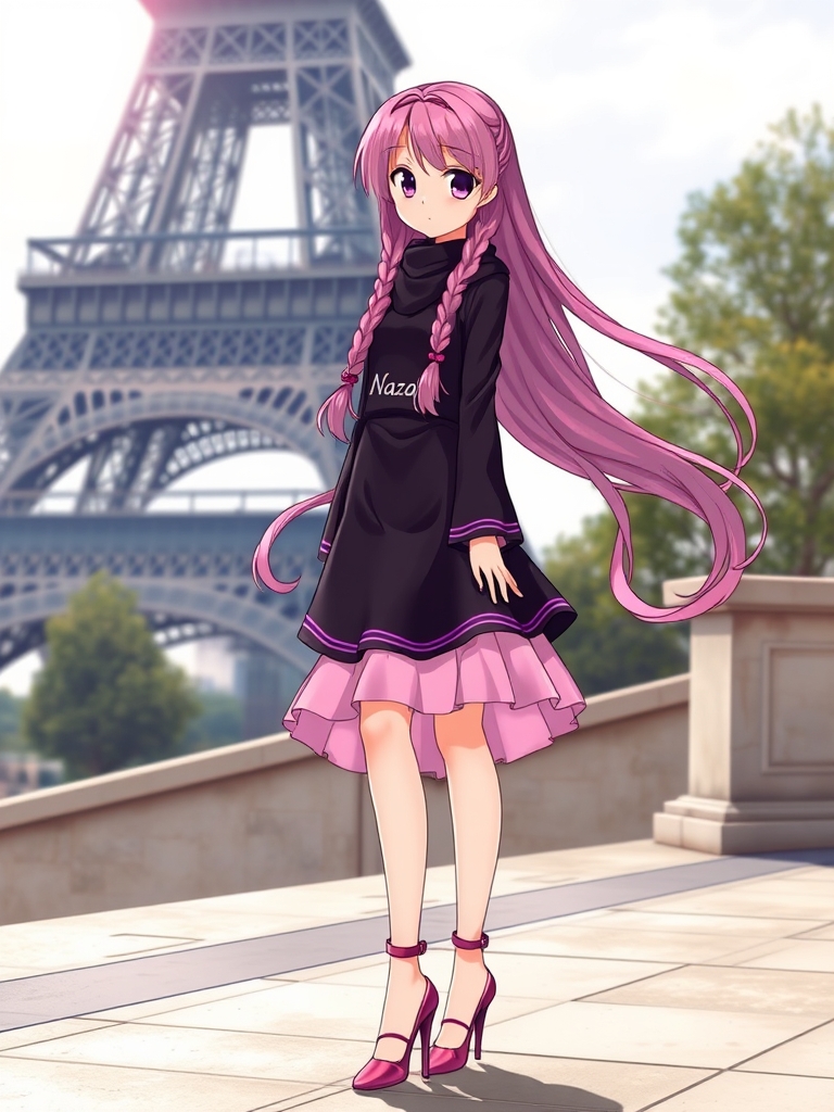 اگه نازنین ملکه روداگه اسم نازنین دختر بوددختری با موهای بلند صورتی و بنفش ولباس بنفش و سیاه که رویش نوشتهnazaninو دامن زیبا ی صورتی و سیاه و  کفش پاشنه بلند صورتی و بنفش و موهایش را بافته و در کنار برج ایفل 9