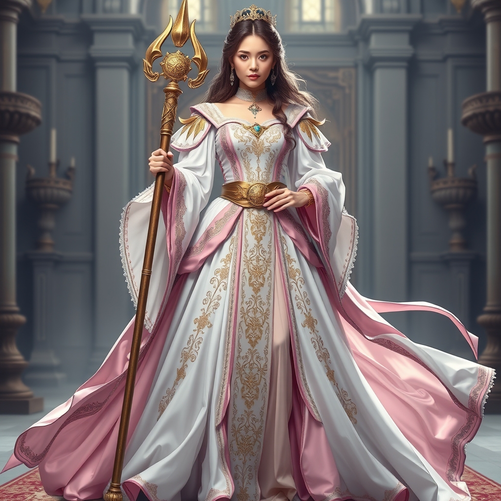 عکس زنی از خاندان سلطنتی با لباس مجلل جنگی که رنگ لباس هایش ترکیبی از سفید، صورتی و آبی باشد. به همراه سلاح یا قدرت ویژه.
تصویر کل بدن حتما مشخص باشد.7