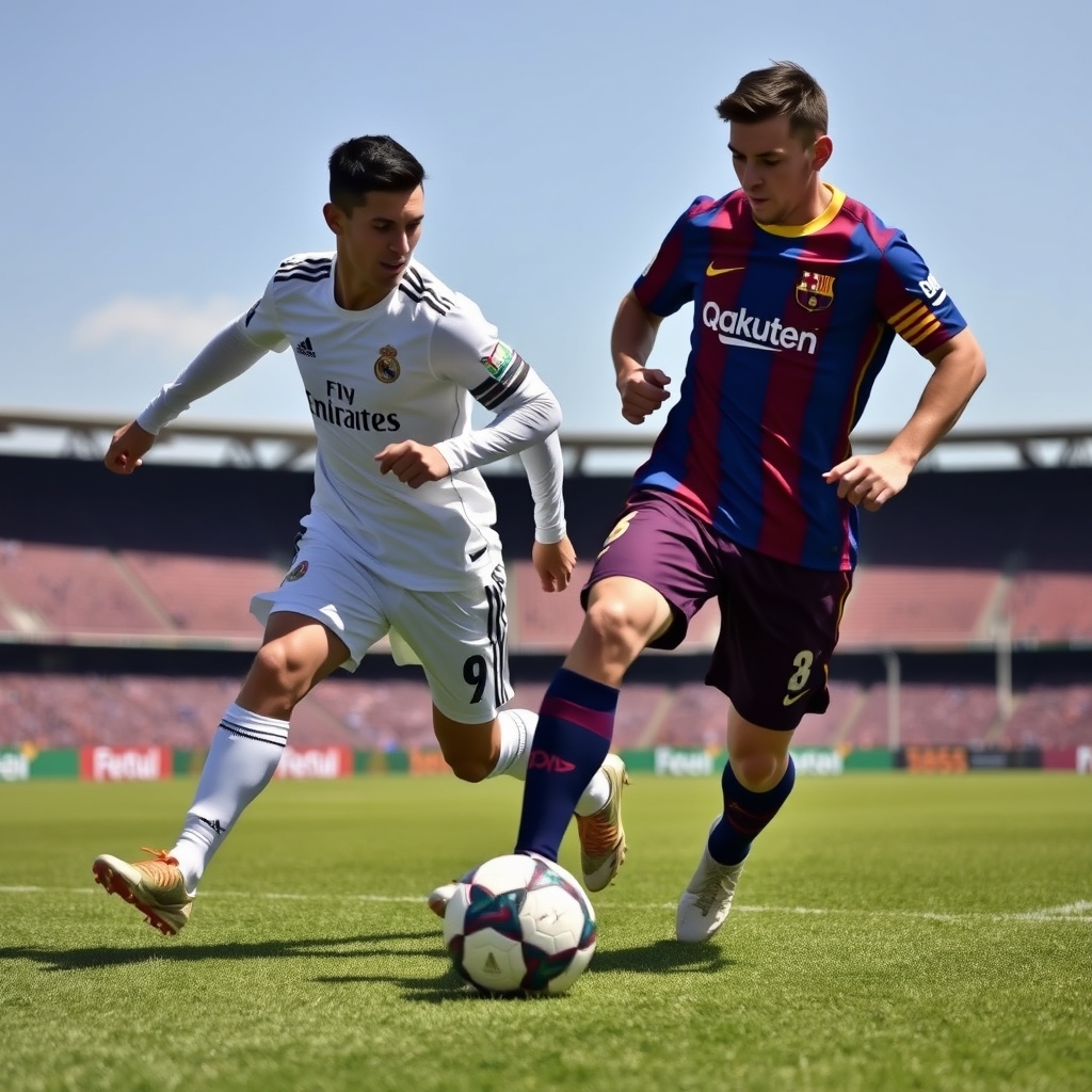 رونالدو با لباس رئال مادرید مسی با لباس بارسلونا را دریبل میزند12