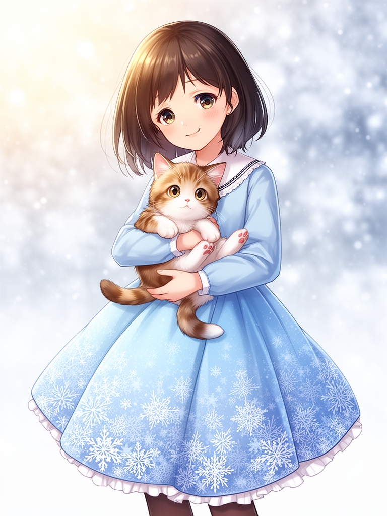 عکس یک دختر که دامنش طرح زمستانی پر برف است و دختر در بغلش یک گربه کیوت است 4
