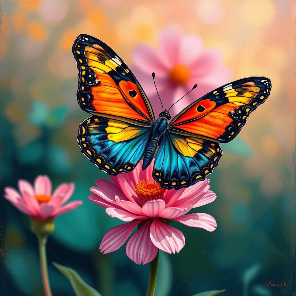 پروانه ای زیبا با رنگ های کمیاب و افسانه ای بر روی یک گل صورتی بیرنگ و زیبا نشسته لست به سبک پست امپرسیونیسم 23