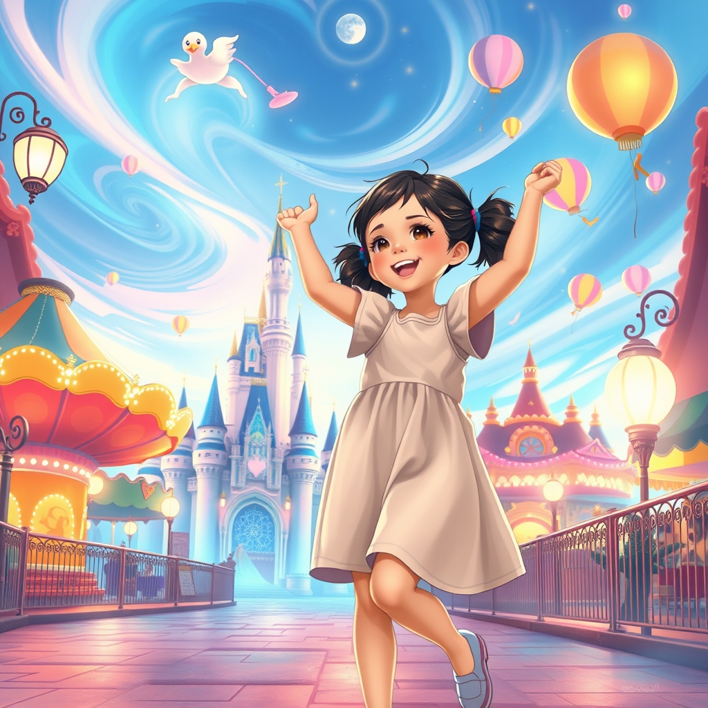 یک دختر کیوت که داره تو شهربازی دیزنی لند بازی میکنه

2