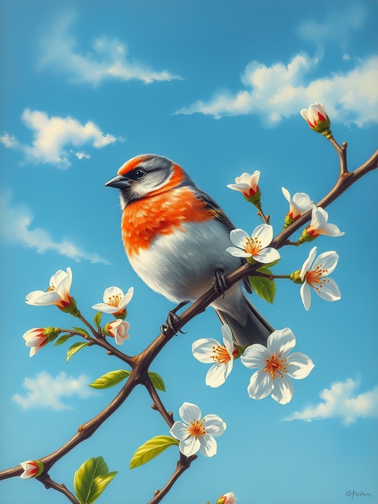 یه گنجشک خوشگل، یه شاخه ی درخت، چند شکوفه ی گل، آسمان آبی با لکه های ابر 12