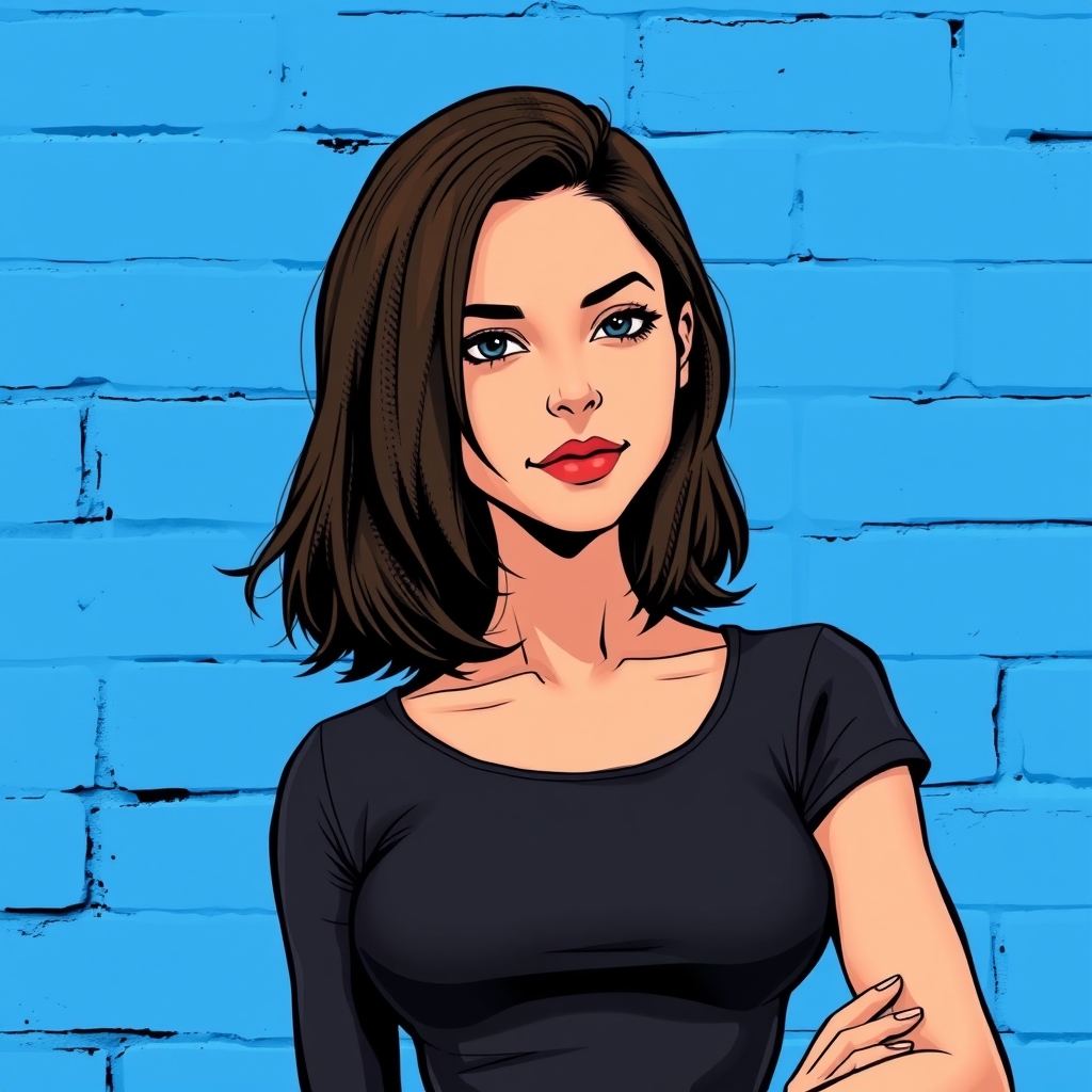 The image shows a person with shoulder-length hair, whit texture surface, wearing a black top, standing in front of a blue wall.0