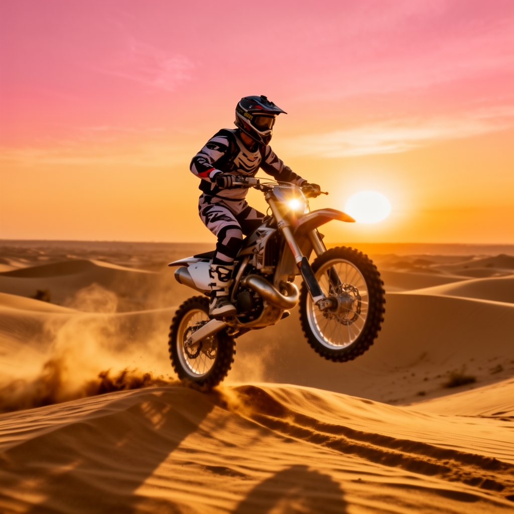 یک فرد داخل کویر با لباس و کلاه کاسکت مخصوص موتور کراس که سوار موتور کراس شده و از یک تپه به سمت هوا پریده ارتفاعش تا زمین یکم زیاده ، نور خورشید داره موتور و شن های توی کویر رو از بالا میدرخشونه پشت موتور از تپه یکم خاک هوا شده و خورشید توی تصویر مشخصه و زمان غروبه2