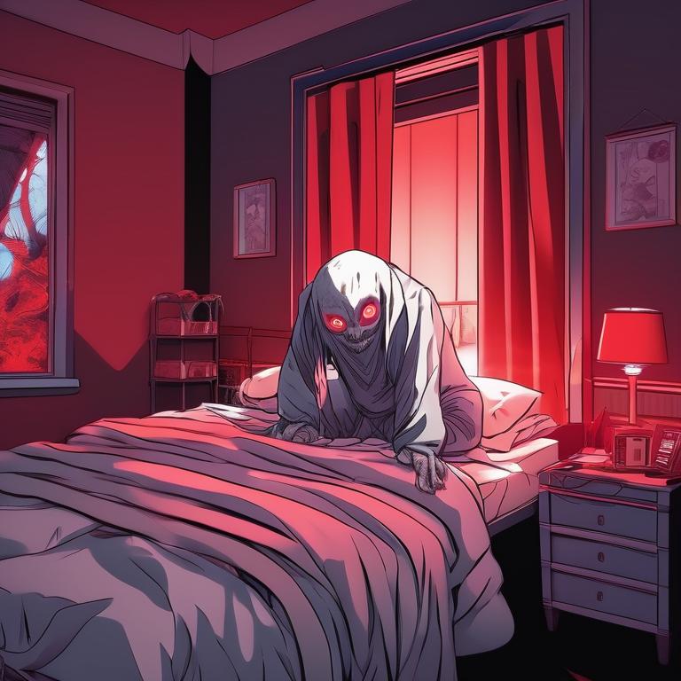 یکی موجود ترسناک در اتاق خاب با نورپردازی قرمز و چشم قرمز14