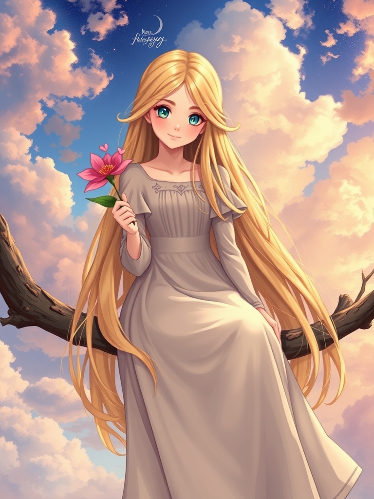 یک دختر زیبا با موهای خیلی بلند به رنگ طلایی با چشم های آبی که روی دستش شکوفه صورتی گرفته، لباسش بلند وپرنسسی وعروسکی هست، اون روی شاخه دختر نشسته وآسمان خیلی زیباست 0