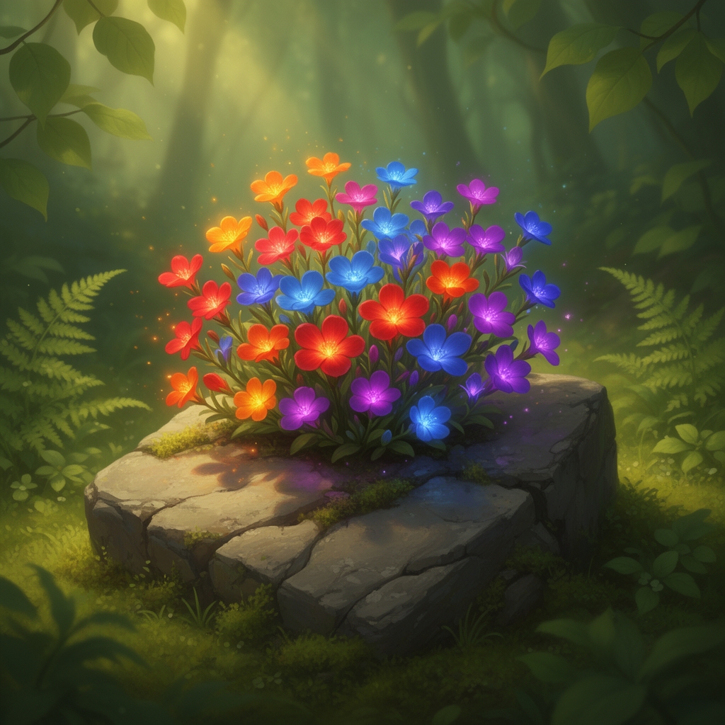 گل های کوچک به رنگ های مختلفی که از تکه سنگی رشد کرده اند و زیبا و..... و پشت زمینه اش طبیعتی سرسبز و جذاب است 2