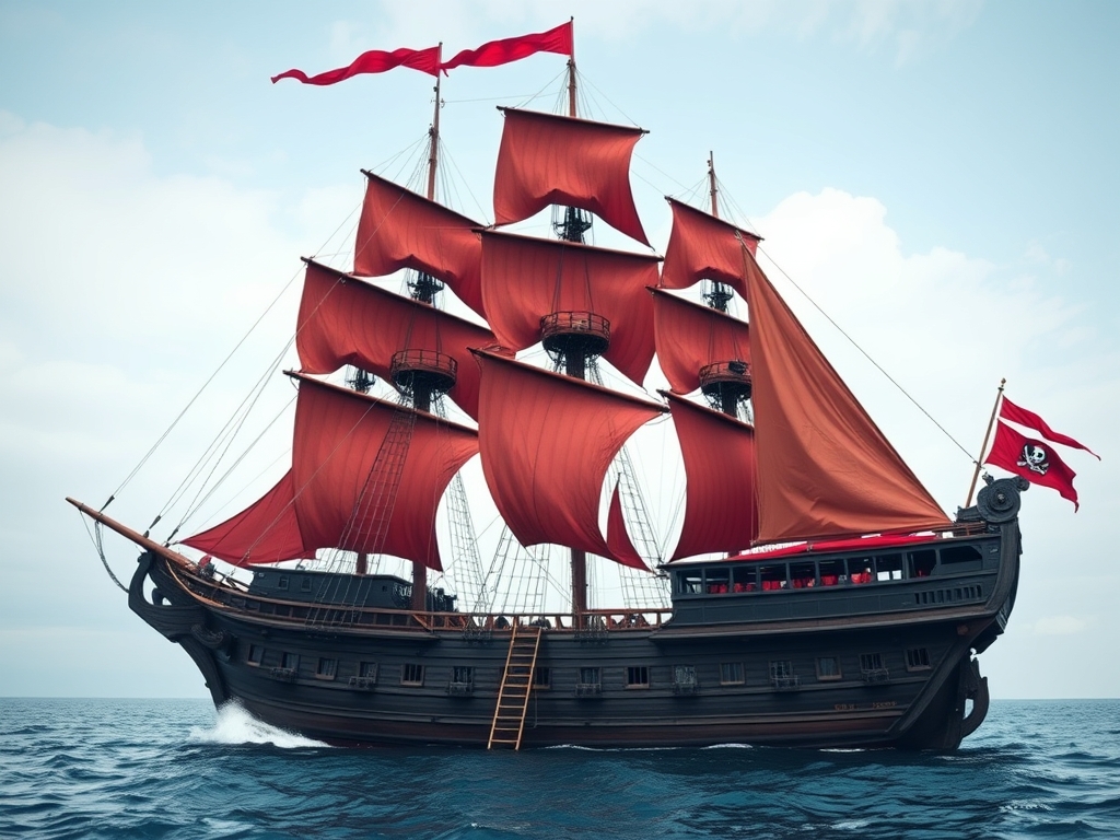 یک کشتی دزدان دریایی که بسیار بزرگ و با شکوهه و پرچم های بزرگ و باز و قرمز داره و بسیار زیبا و خطرناکه (و داخلش هم آدم نباشه)3