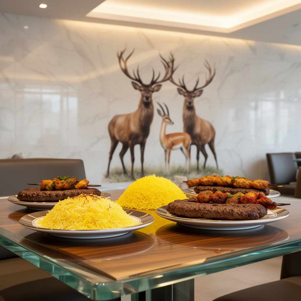 تصویر کباب کوبیده و کباب جوجه و کباب شیشلیک و کباب ترش سرو شده در کنار برنج در ظروفی شیک و مدرن و مجلل بر روی یک میز شیک و جدید و فوق العاده از جنس چوب و شیشه زیبا درون محیط یک رستوران با دیوارهای سنگی سفید و براق و نورپردازی سقف عالی و تابلویی زیبا از دو گوزن با شاخهای بزرگ و بلند و یک غزال بسیار زیبا بروی دیوار پس زمینه 1