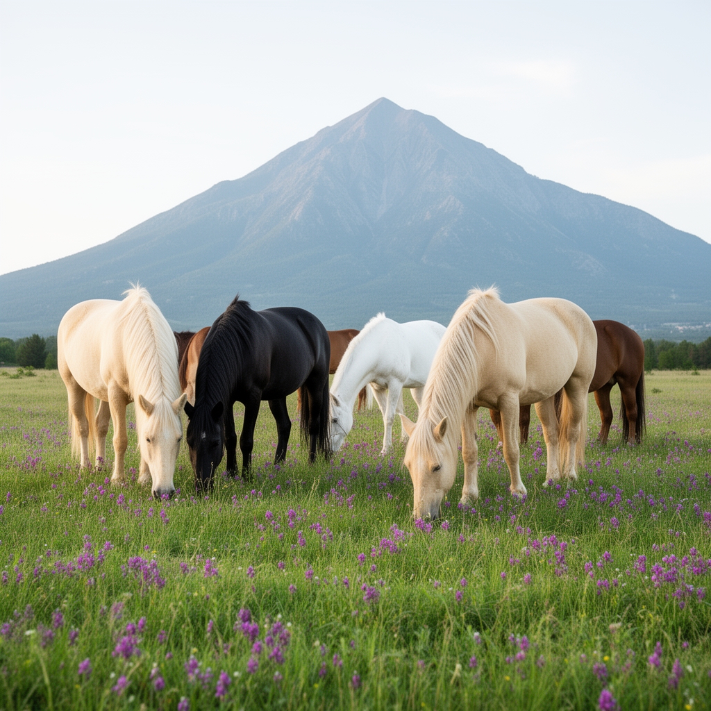 اسب هایی زیبا و به رنگ های کرمی و سیاه و سفید و قهوه ایی  و..  که در دشتی سرسبز با گل هایی به رنگ بنفش و از دور کوهی زیبا که زیبایی منظره را دو چندان میکند 4