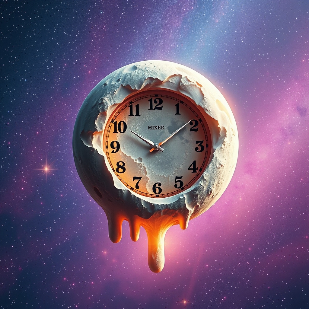 یک ساعت سورئال به شکل ماه ذوب‌شده، شناور در آسمان پرستاره.21