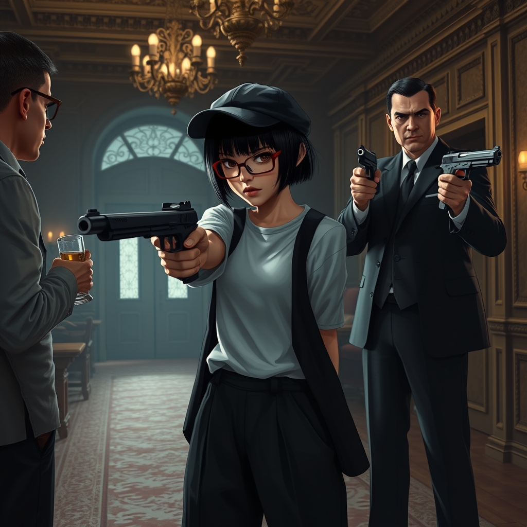عکس یه دختر که موهاش رو پسرانه زده سرش کلاه لبه دار داره و تو چشمش هم عینک 
موهاش سیاهه پوستش سفیده و قیافش خشن و مرموز
تیشرت سفید که روش کاپشن سیاه پوشیده با شلوار سیاه پوشیده
اسلحش رو به سمت یه مرد که دستش مشروب داره گرفته 
اون طرف هم یه پلیس با مردی کت و شلوار پوش قرار داره، پلیس هم اسلحش رو به سمت دختر گرفته 
تو یه عمارت هستن19