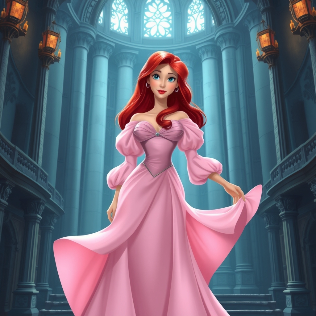 آریل وقتی آدم است بسیار زیبا با لب های سرخ و موه های قرمزدر قصری ایستاده با لباسی پفی صورتی کم رنگ پوشیده17