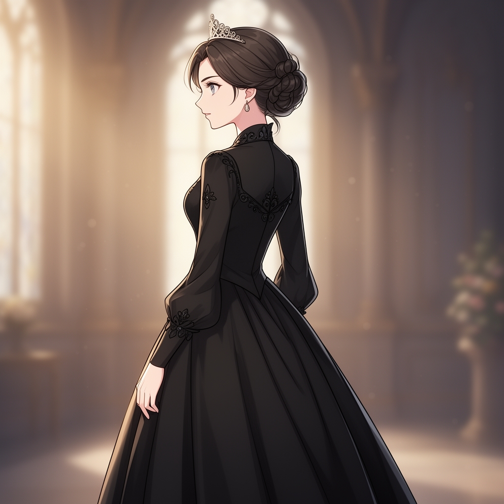 دختر انیمه ای که پشت به دوربین ایستاده و سرش رو به سمت چپ کج کرده به طوریکه نیم رخش معلومه
یه لباس مشکی پوشیده که برازنده یه پرنسسه3