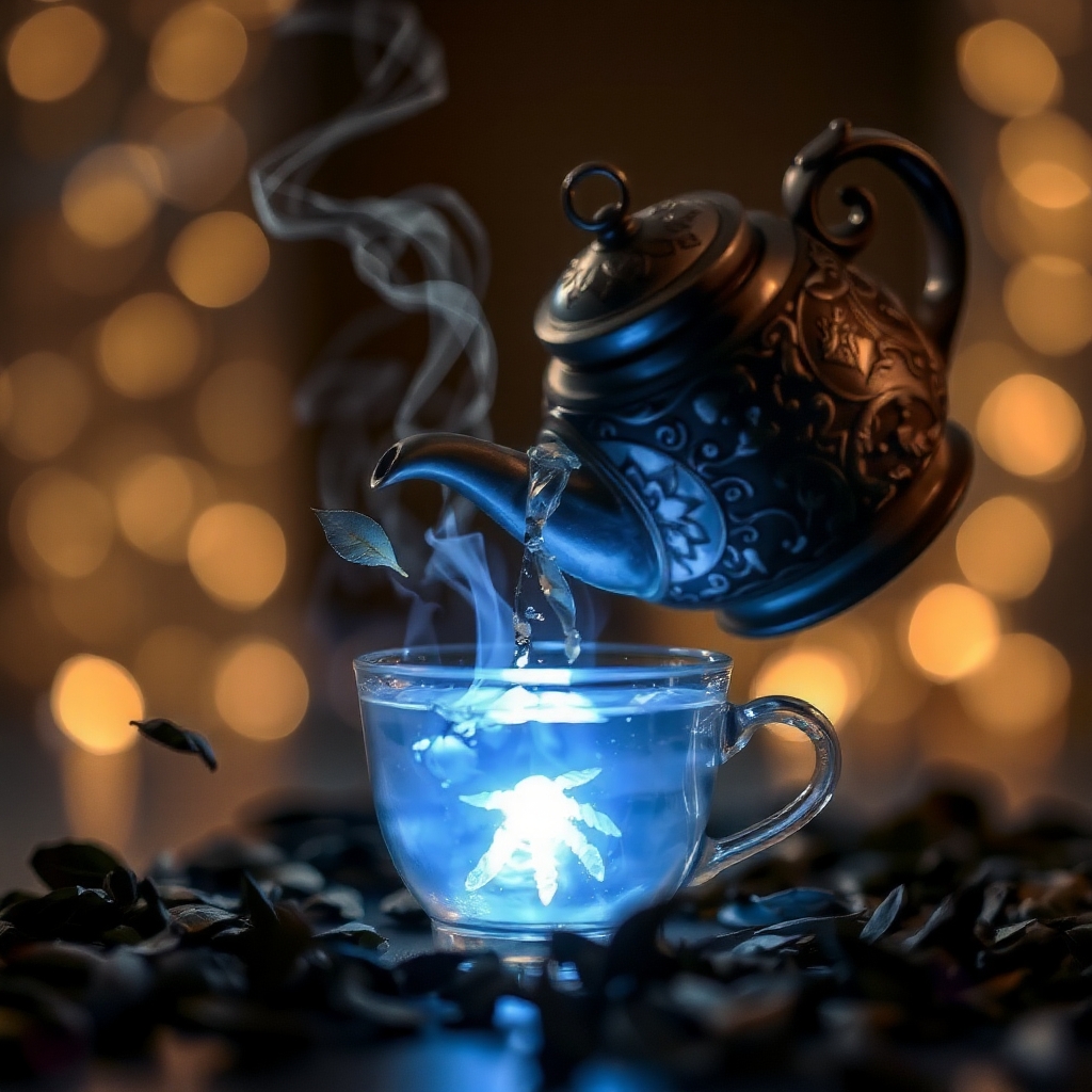 یک قوری جادویی که مایع آبی درخشان می‌ریزد، احاطه شده توسط برگ‌های شناور چای.2