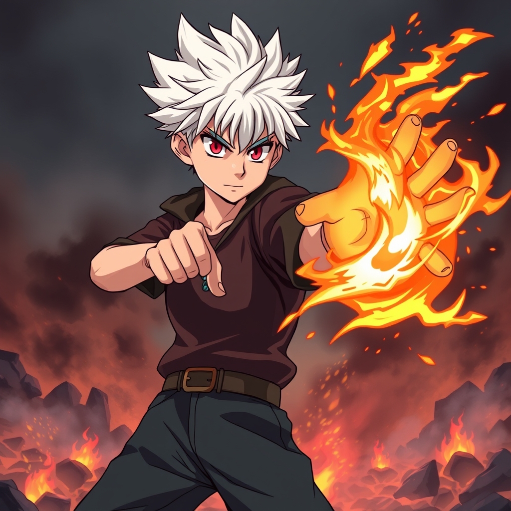 کاراکتر انیمه پسر با موهای سفید و چشمان قرمز که جادوی آتش در دست دارد، افکتهای ویژه تصویری، حالت تهاجمی و اکشن.0