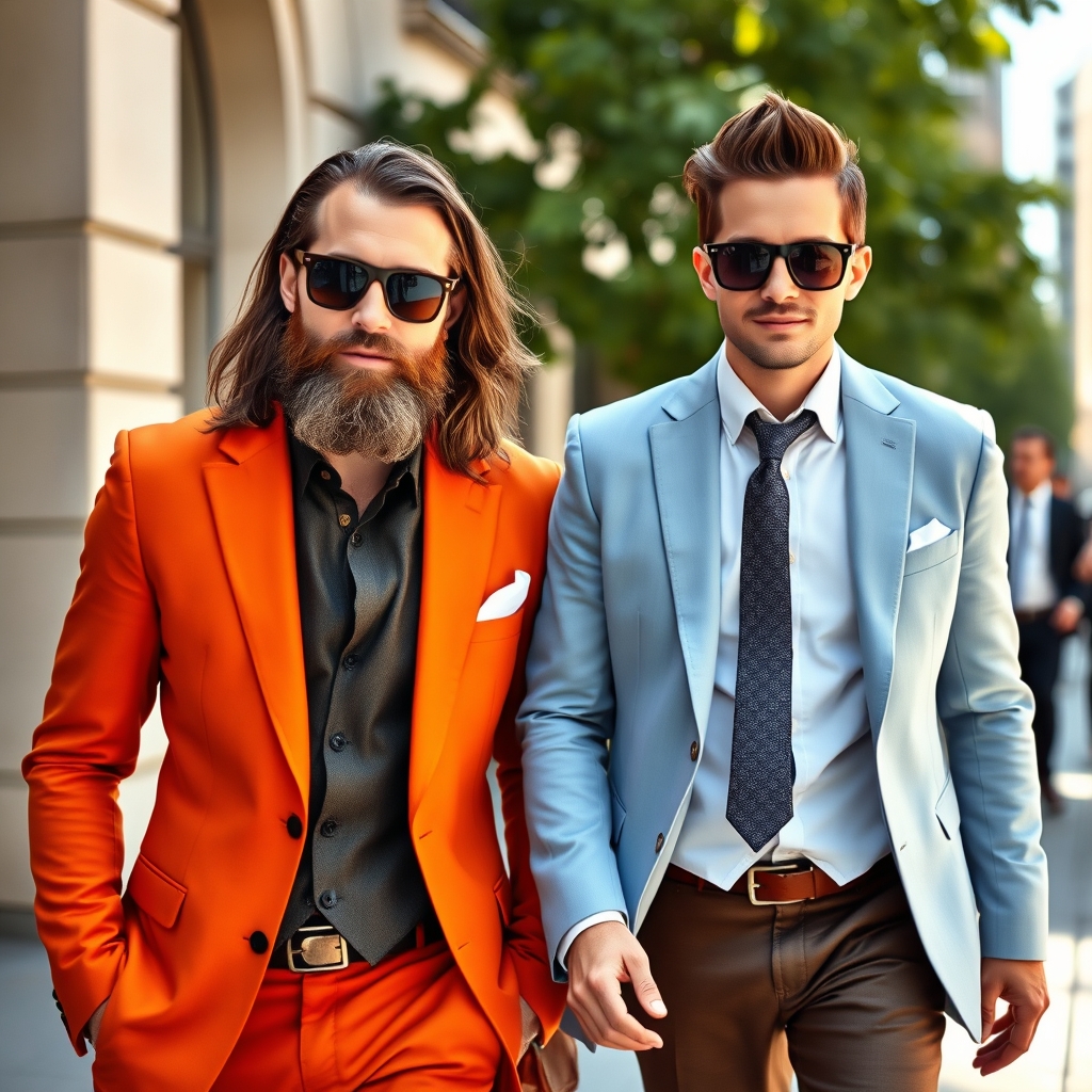 یک مرد بسیار خوشتیپ با موهای بلند و ریش و عینک آفتابی و کت و شلوار نارنجی در کنار یک فرد با موهای حالت داده و کت و شلوار آبی روشن و عینک آفتابی این دو در کنار هم در حال قدم زدن هستن4