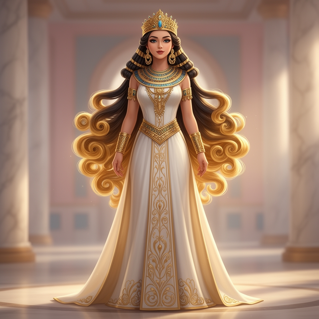 عكس يه بانوى مصرى با مدل موى مصرى بلند جلوى موهاش چترى باشه ته موهاش طلايى باشه يه تاج رو سرش باشه بدليجات طلاى زيادى داشته باشه با يه دامن بلند سفيد و طلايى0