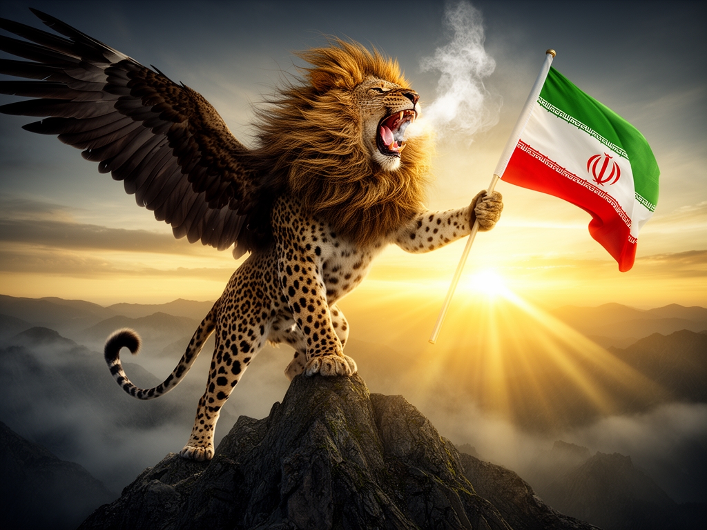 ترکیب انسان شیر و پلنگ و عقاب که بر روی کوه دماند ایستاده و باد در حال تکان دادن یال هایش است و خورشید از پشت در حال طلوع است و نور خورشید به بخار خارج شده از دهنانش که در حال غرش است میتابد و پرچم ایران را در دست دارد5