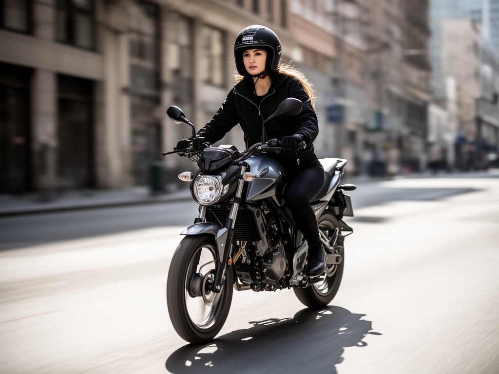 دختری که کاپشن مشکی و شلوار مشکی پوشیده و کلاه موتور سواری داره و سوار بر یک موتور خارجی شده 5