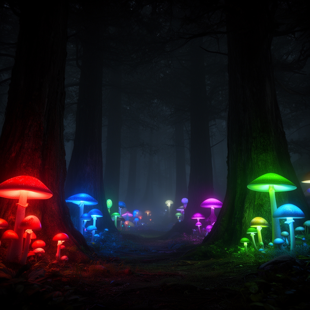 یه جنگل اسرار آمیز و تاریک که قارچ های رنگی کنار درختان رشد کرده اند و نور های رنگی میدهند4