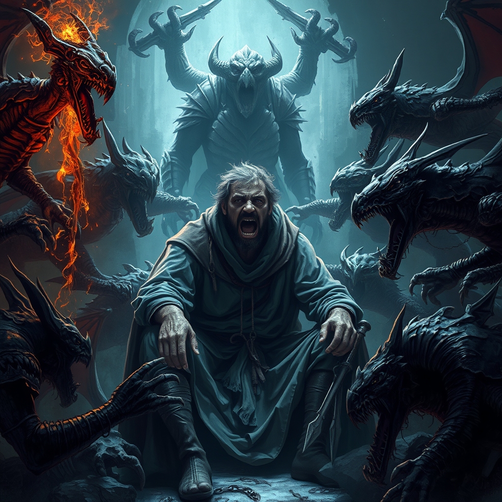 یک مرد ترسیده و نشسته است و در خطر مرگ حیولا ها محاصره اش کرده اند منتظر یک ناجی در دوران قرون وسطا2