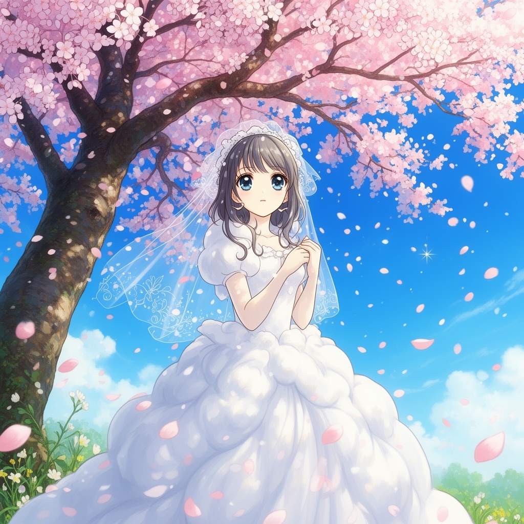 دختر انیمه‌ای با چشم‌های درشت و براق که زیر درخت شکوفه گیلاس ایستاده، گلبرگ‌ها در باد می‌رقصند، سبک استودیو جیبلی، آسمان آبی روشن.با لباس عروس پفپفی سفید 💚💚💚💚💚💚5