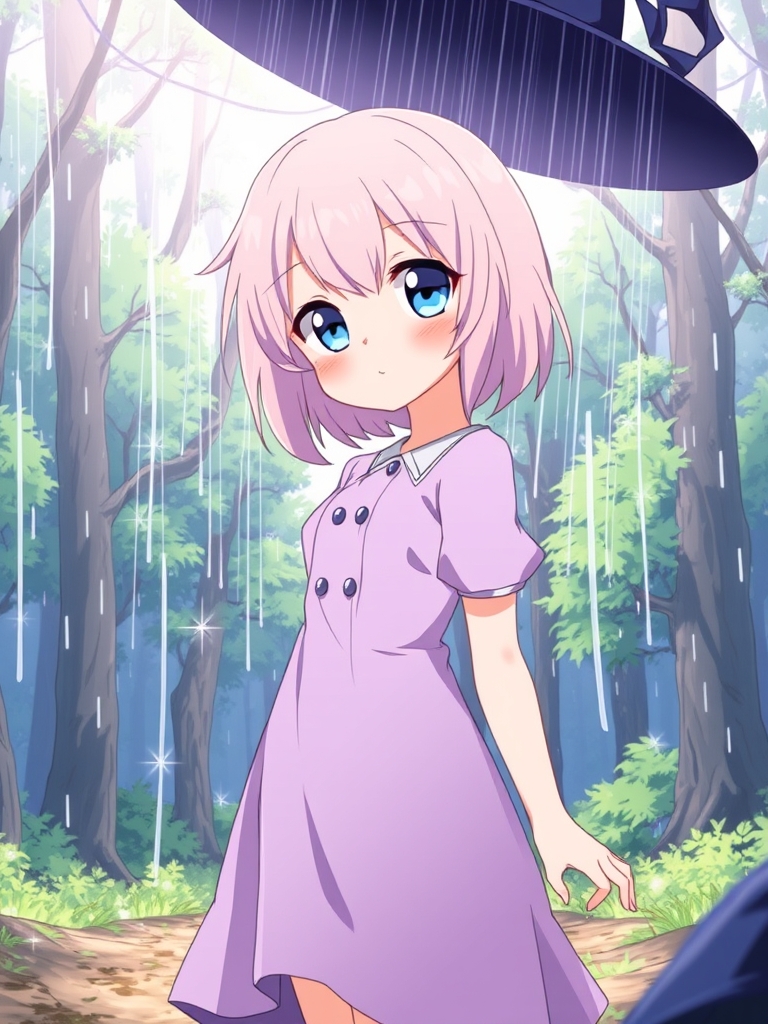 یک دختر زیبا با لباس ساده ولی زیبا به رنگ بنفش پاستیلی و موهای صورتی پاستیلی و چشم های آبی کلاه زیبای میشکی بر روی سر دارد و در جنگل قرار دارد که یهویی بارانی که مثل کریستال می درخشد از آسمان با زمین می بارد10