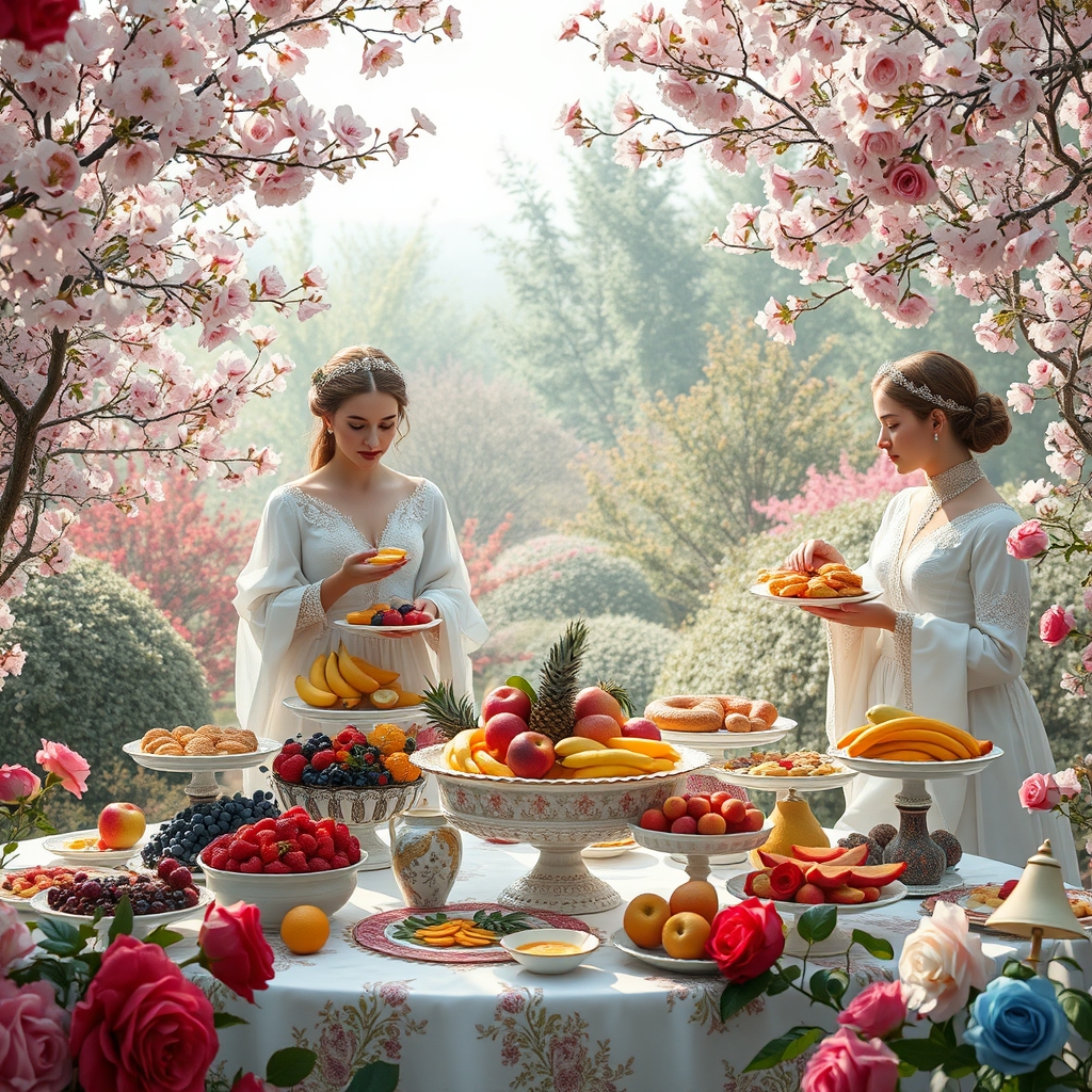 مهمانی میوه در یک باغ ویکتوریایی با بانوانی در لباس‌های مجلل هخامنشیان، ظروف چینی ظریف،و درختان شکوفه دار و گل های  رز قرمز و آبی7