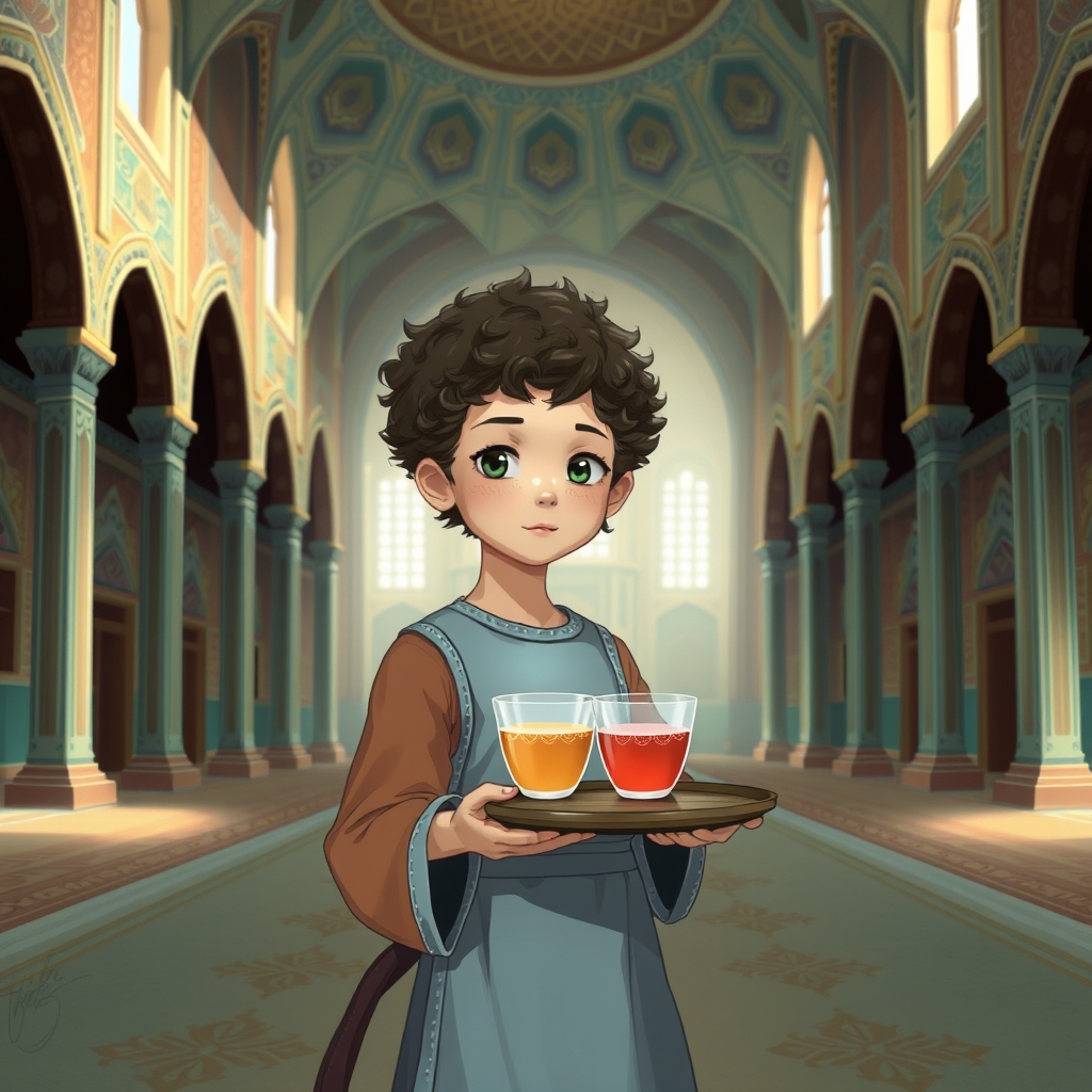 دختری جوان با موهای کوتاه فر که در سالنی بزرگ که معماری ایرانی در آنجا به کار رفته ایستاده و لباس پیش خدمتی پوشیده و سینی شربت به دست دارد16