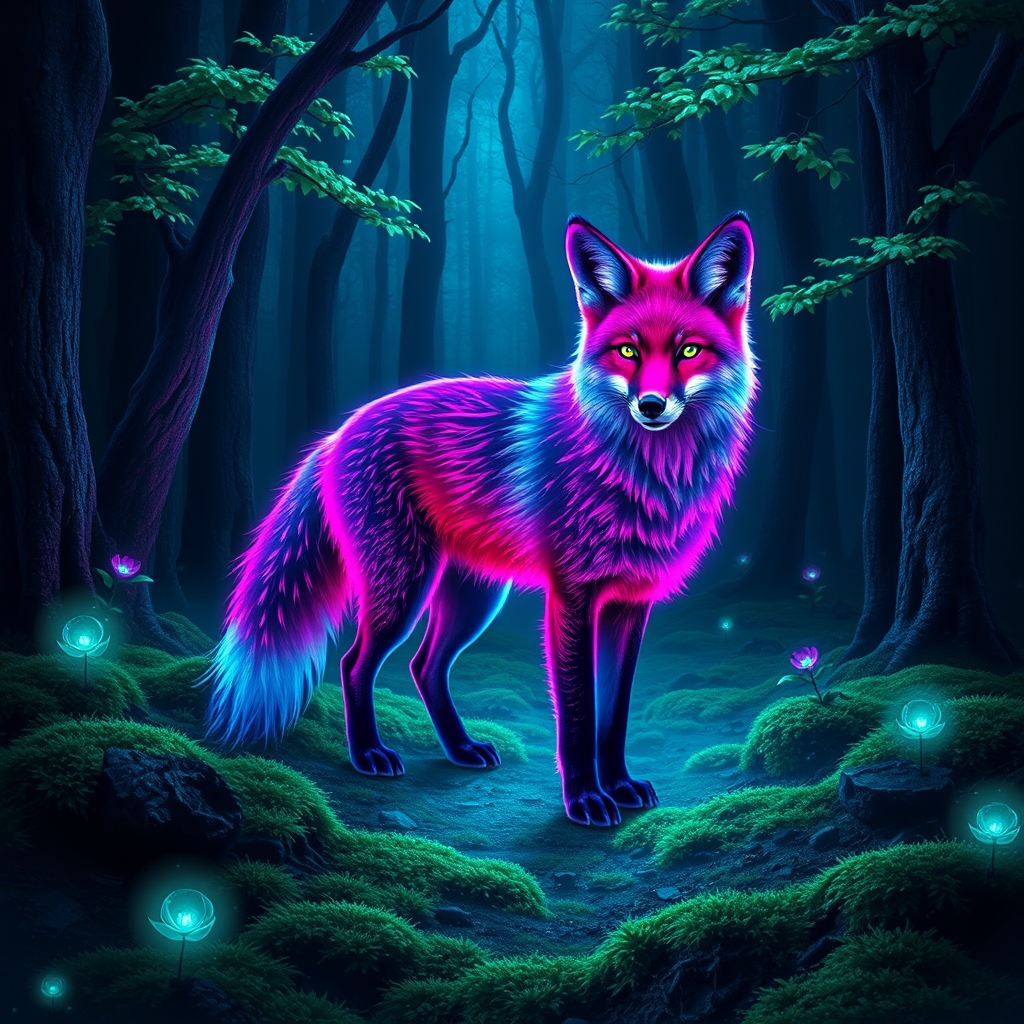 یک روباه نئونی درخشان در جنگلی تاریک، احاطه‌شده توسط گیاهان شب‌تاب.4