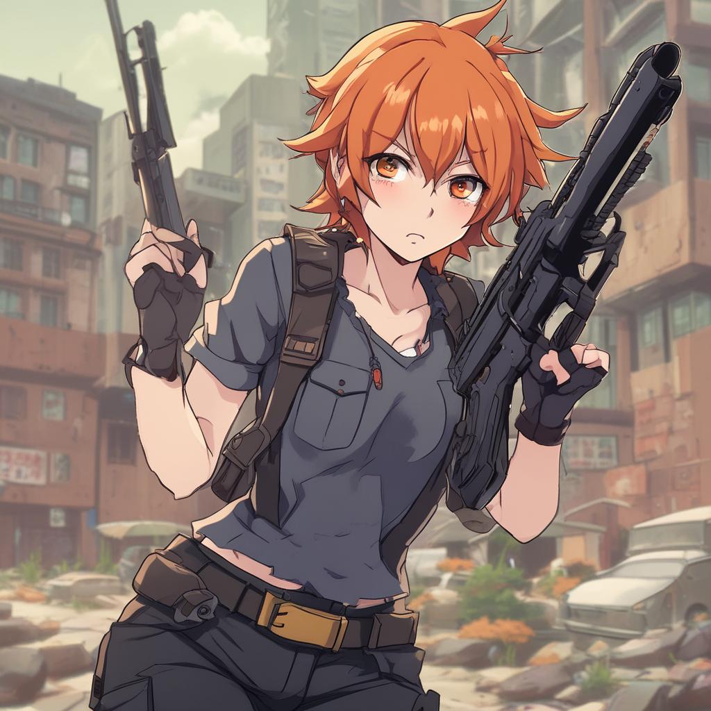 یک دختر با موهای پراکنده کوتاه نارنجی که تفنگ دستشه و اصبانیه3