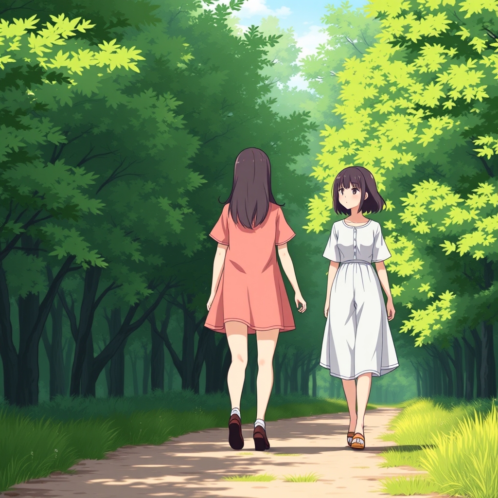 دو دختر که خواهر هستند و که در راه هستند با مو های بلند و کوتاه و لباس های آبی آسمانی پاستیلی و سبزآبی و صورتی و سفید پاستیلی
راه با درخت های سبز زیبا و تازه باشد 1