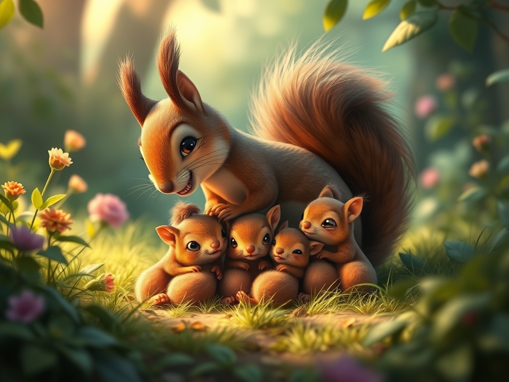 یک سنجاب انیمیشن با پنج تا بچه شیرخواره در حال شیر خوردن5