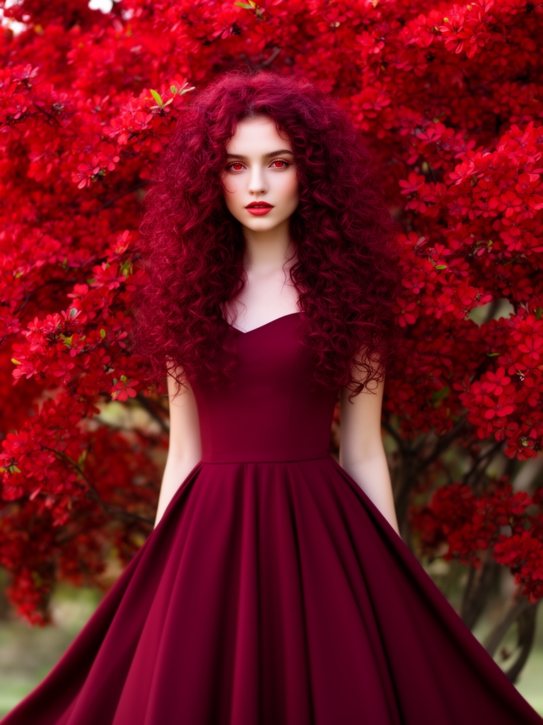 دختری زیبا با لباس زرشکی و موهای زرشکی چشمان زرشکی به علاوه گلهای زرشکی که مانند درخت شکوفه زده میماند چهرهای زیبا از یک دختر با موهای فرفری و با لباس دامندار خیلی خیلی زیبا0