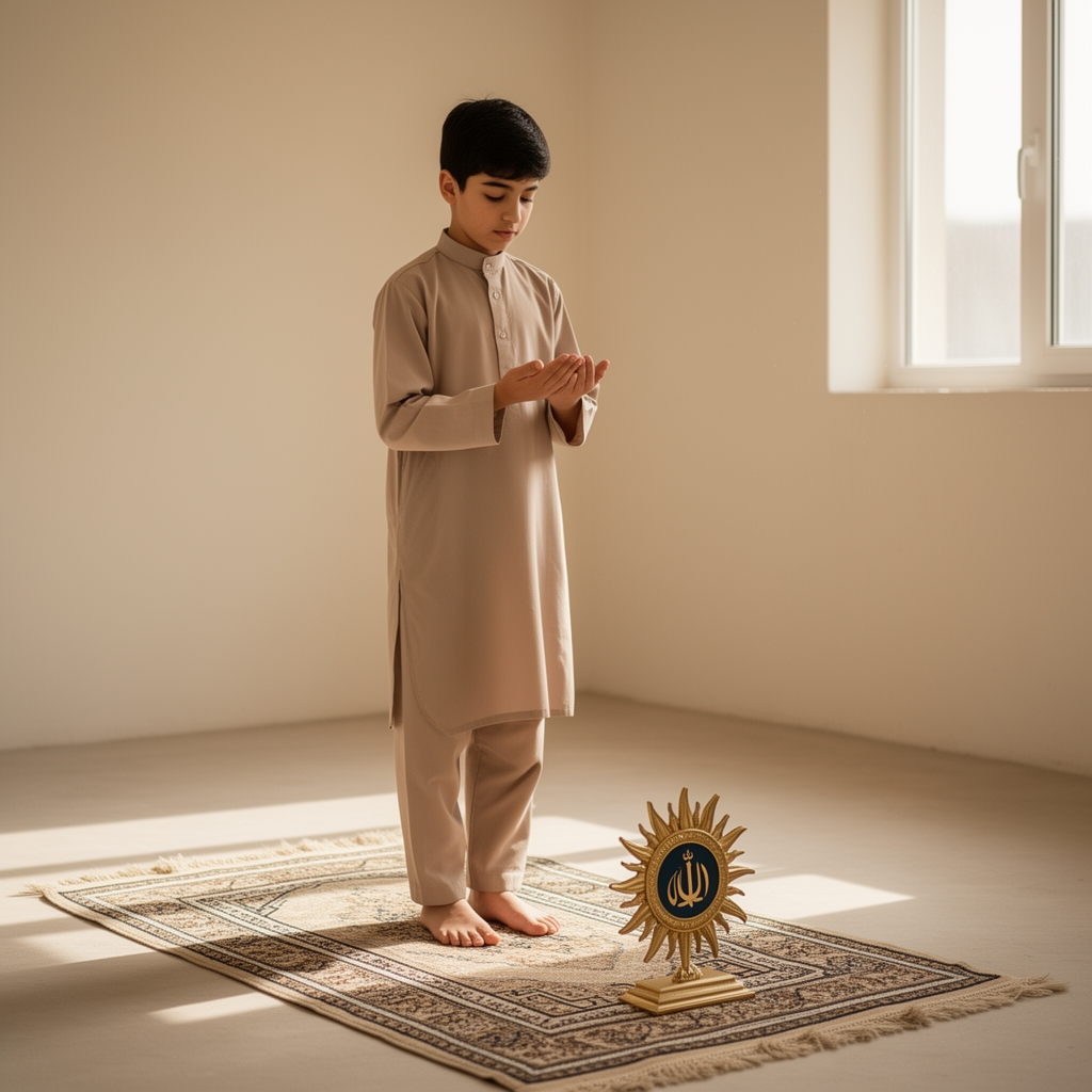 یک نوجوان ایرانی که در حال نمازخواندن است 
سجاده و مهر هم داشته باشد 21