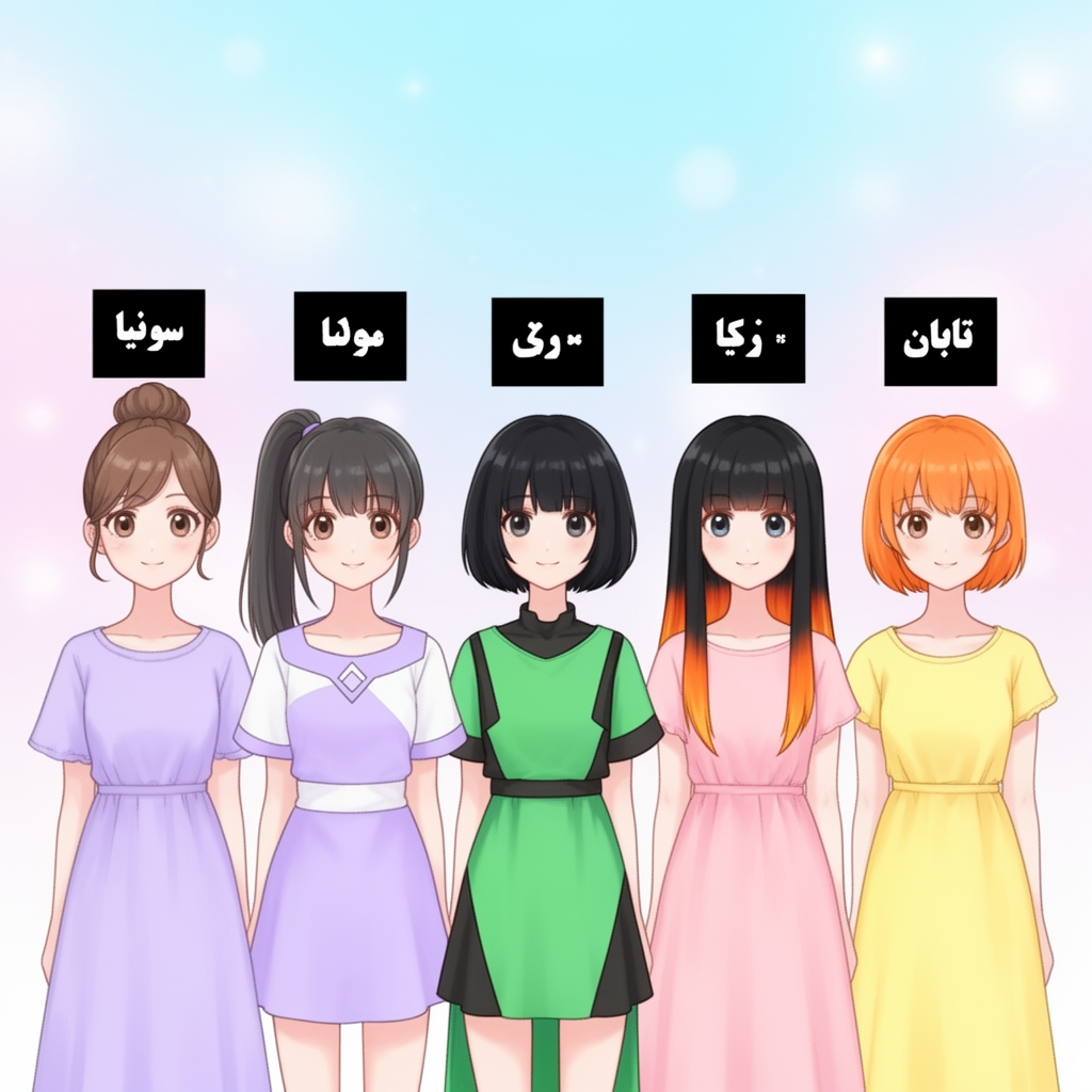 پنج دختر در کنار هم که یکی مو هایش را گجه ای بسته و لباس بنفش پرنگ پوشیده و بالای سرش نیکا نوشته یکی از آنها مو هایش را دم اسبی بسته و لباس بنفش کمرنگ و سفید پوشیده بالای سرش سونیا نوشته یکی دیگر مو هایش سیاه و کوتاه است و لباس سبز و سیاه پوشیده و بالای سرش تابان نوشته شده است یکی موهایش بلند و سیاه و نوک مو هاش نارنجی و لباس صورتی پوشیده و بالای سرش رها نوشته شده است یکی موی کوتاه خورمایی با لباس زرد و بالای سرش درسا نوشته شده است 0