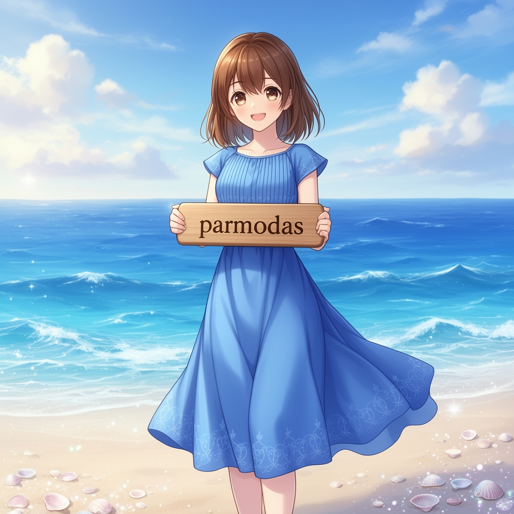 یک دختر بسیار زیبا و انیمه ای که یک لباس بسیار زیبایی پوشیده و تابلویی در دست دارد که رو آن نوشته شده است ( parmodas ) . آن دختر در کنار دریا است و نوشته و لباسش آبی است . و دختر لبخند زیبایی دارد . ابر ها هم بسیار زیبا اند . دریا موج دار است . ساحل هم صدف های زیبا دارد .0