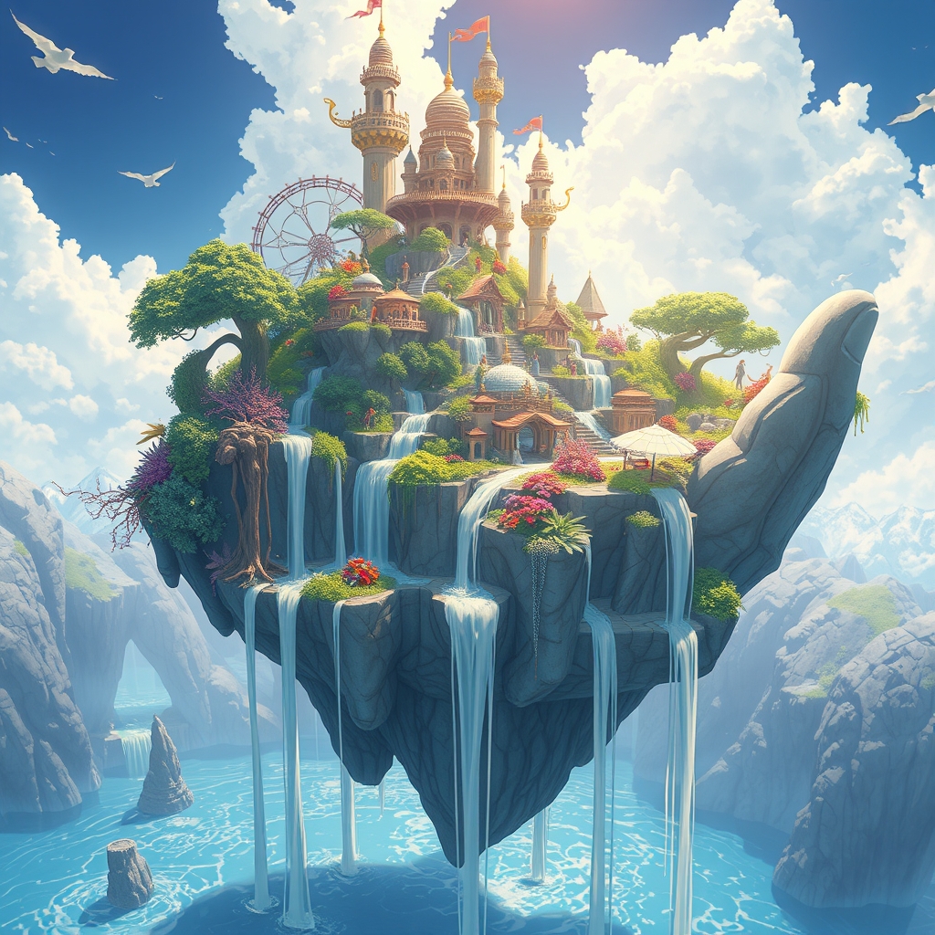 یک جزیره شناور سورئال به شکل دست، با آبشارهایی که از انگشتان جاری میشوند.3